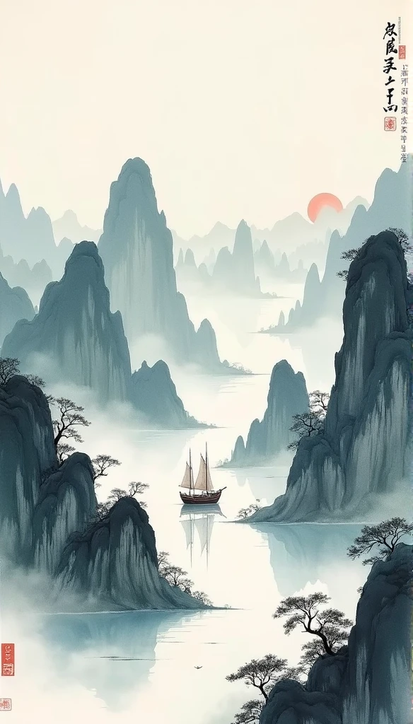 Chinese landscape painting,ink and watercolor painting,water ink,ink,blur,Meticulous,water ink,blur,Meticulous,blur,Low saturation,low contrast,A light ship crossed ten thousand heavy mountains.,Beautifully described,detailed,Acura,works of masters,masterpiece