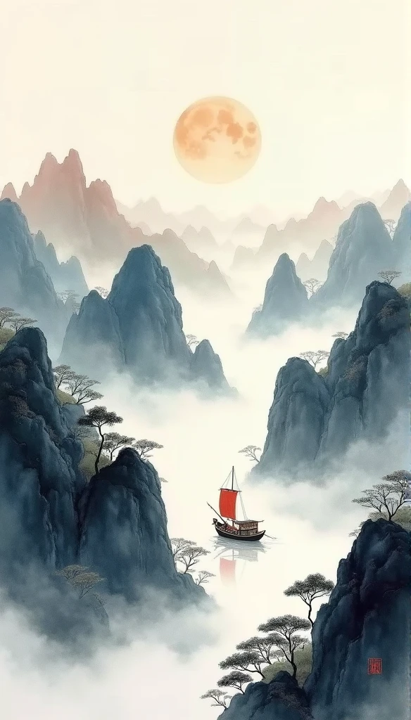 Chinese landscape painting,ink and watercolor painting,water ink,ink,blur,Meticulous,water ink,blur,Meticulous,blur,Low saturation,low contrast,A light ship crossed ten thousand heavy mountains.,Beautifully described,detailed,Acura,works of masters,masterpiece
