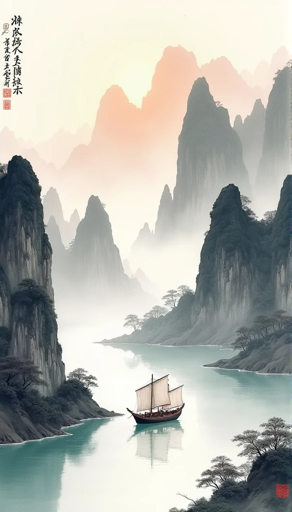 Chinese landscape painting,ink and watercolor painting,water ink,ink,blur,Meticulous,water ink,blur,Meticulous,blur,Low saturation,low contrast,A light ship crossed ten thousand heavy mountains.,Beautifully described,detailed,Acura,works of masters,masterpiece