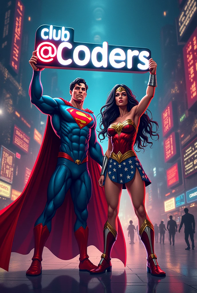 Superman and Wonder Woman holding a sign that says "club @C0ders" with a Computer Programming background