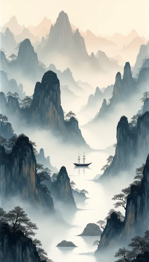 Chinese landscape painting，ink and watercolor painting，water ink，ink，blur，Meticulous，water ink，blur，Meticulous，blur，Low saturation，low contrast，A light ship crossed ten thousand heavy mountains.，Beautifully described，detailed，Acura，works of masters，masterpiece