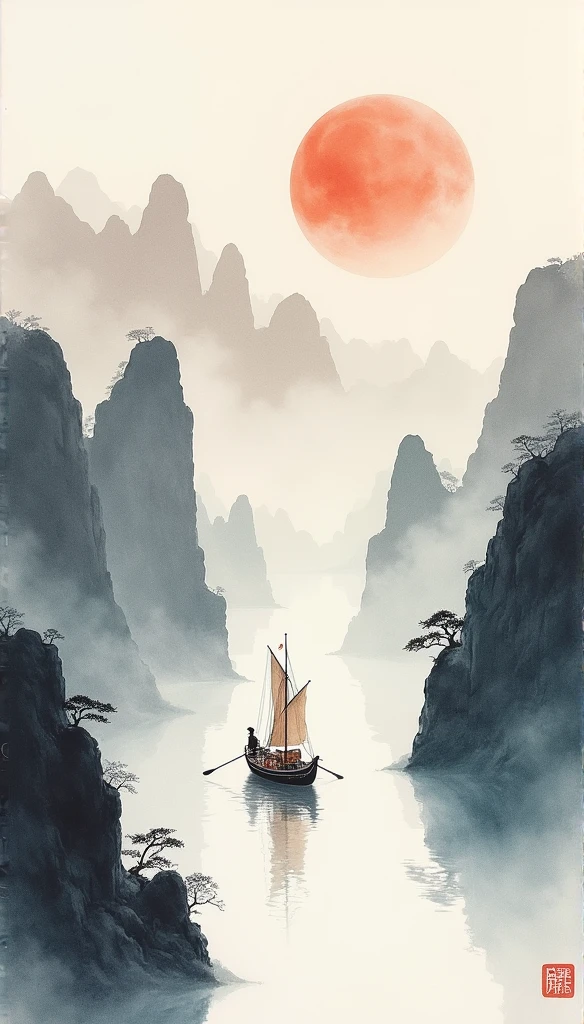 Chinese landscape painting，ink and watercolor painting，water ink，ink，blur，Meticulous，water ink，blur，Meticulous，blur，Low saturation，low contrast，A light ship crossed ten thousand heavy mountains.，Beautifully described，detailed，Acura，works of masters，masterpiece