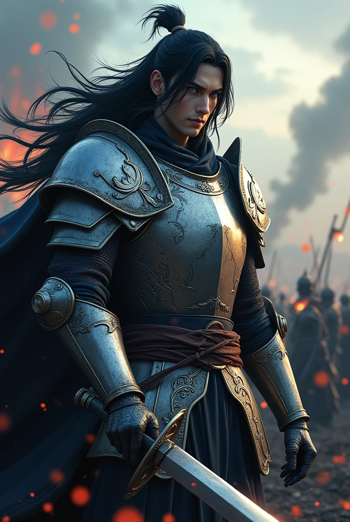 Kaome Higurashi a beautiful black-haired warrior, blue gaze, turgid body, He carries a sword and wears silver armor which he uses in the bloody war.
