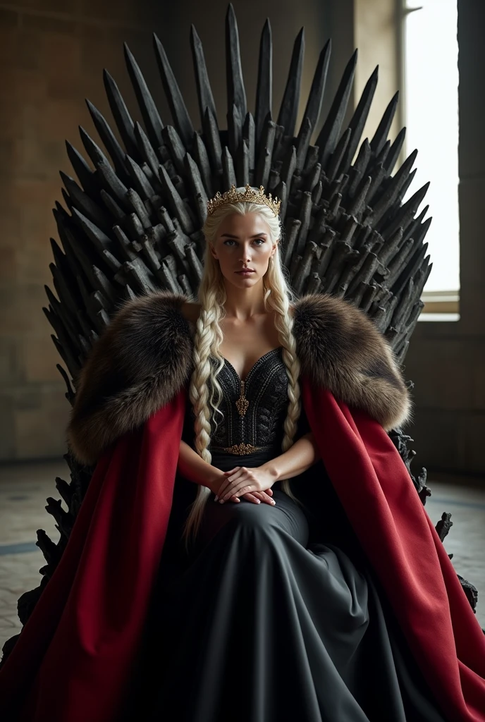 A beautiful Thick weight Targaryen Queen wearing a Royal black silky Queen gown with red cloak and furry cloak,Her platinum blonde hair is braided to set around her back head, She's wearing a golden Crown, she's sitting on the iron throne with a black large hall with a vertical window in back.,A black Moody Contrast texture with Hotness