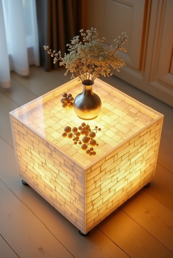 Small and simple, this handcrafted square small table features a clear acrylic glass top that creates a simple visual effect similar to a deep well thanks to the warm golden LED lighting.. The sides are made of high-quality MDF wood covered with 3D wallpaper that reflects the look of natural brick.. The table is decorated with simple decorations such as artificial flowers and golden ornaments made of light materials.. The table is placed on a light wooden floor, adding a touch of simplicity and modernity.. The design combines elegance and economy, making it suitable for any home.