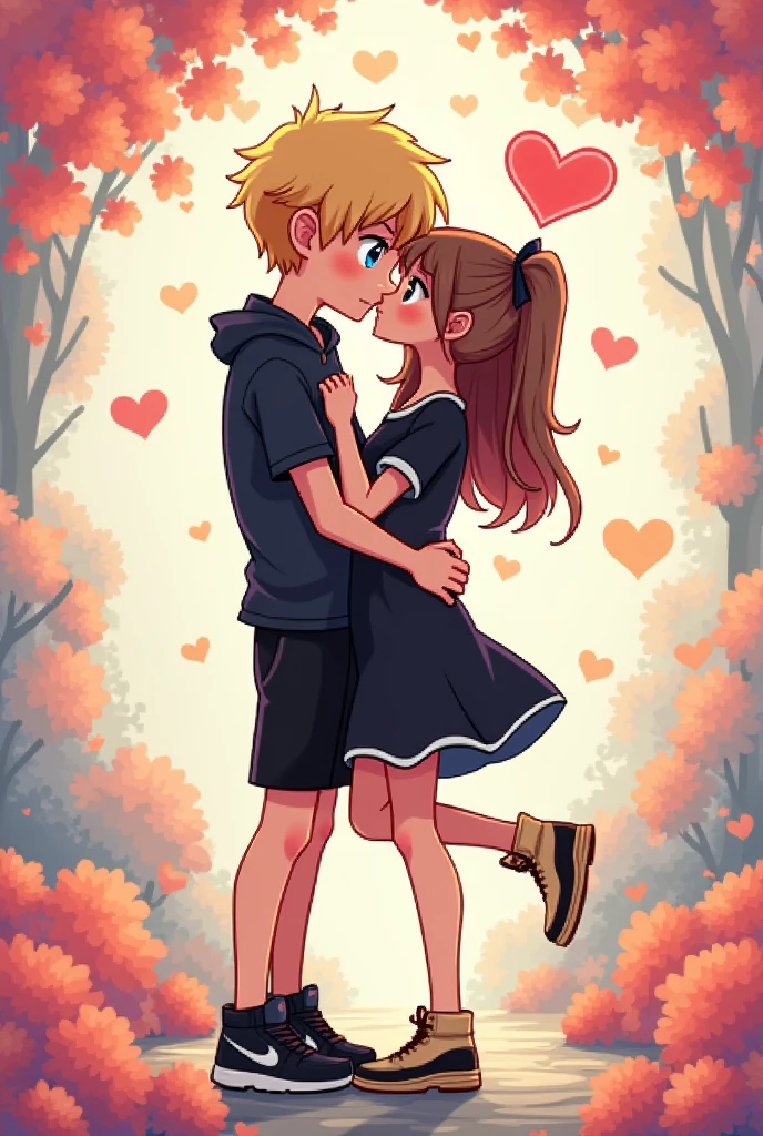 a blonde haired boy with blue eyes kissing a brown haired girl with brown eyes. the bog wears a black shirt a black shorts with black nike shoes and the girl wear a fancy black dress with beige Nike shoes. above them is a heart. pixelart