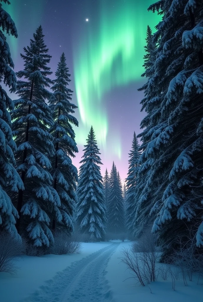 Dark snowy forest, aurora borealis in the background
