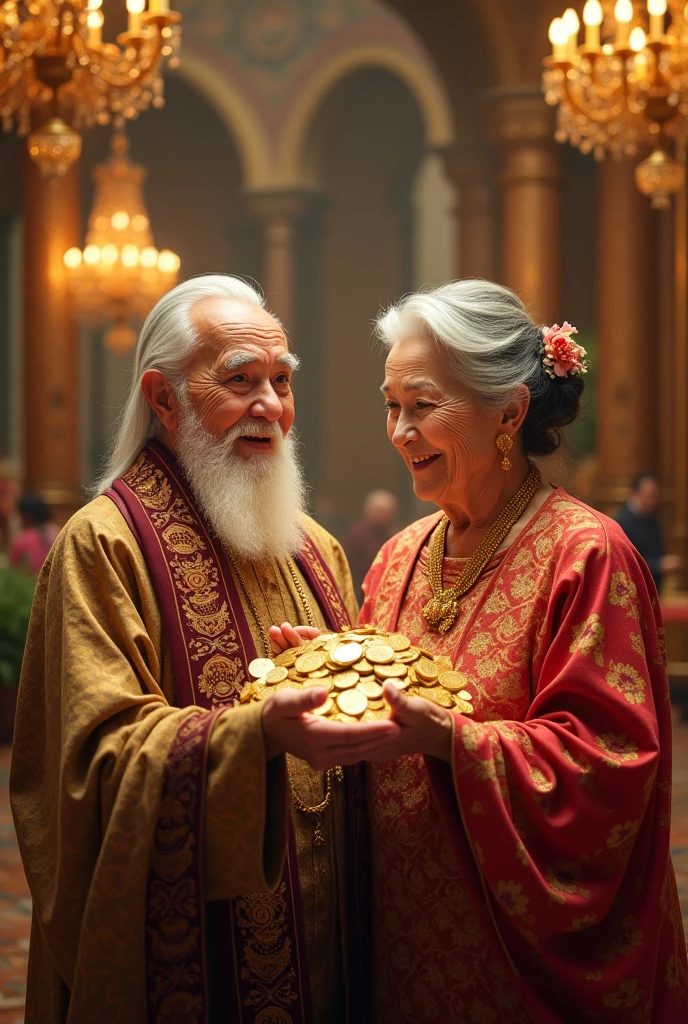 Innocent happy smiling rich old saint man and women with a beautiful girl giving me lot of gold and flowers and their wealth and royal place to me in both hands they are giving me happily all smiling