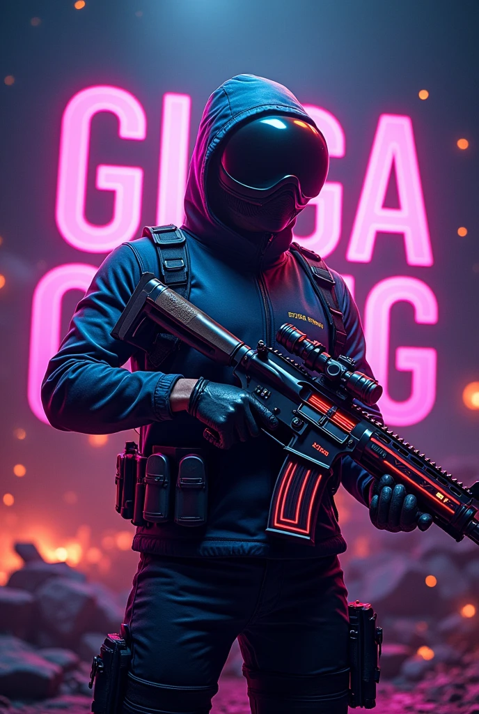 Ai generated gaming logo with neon light of gigga gaming thumbnail a person holds a purely maxed weapon of pubg