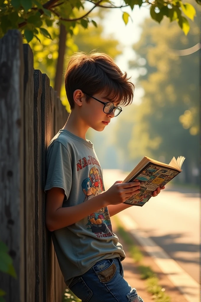  boy with greasy brown hair blue eyes glasses 