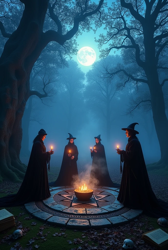 Atmosphere and Setting:
Imagine a dark, dense forest, where the ancient, twisted trees form a shady canopy. Thick fog covers the ground, creating a sense of mystery. among the trees, deep shadows lurk, and the night sky is lit by a full moon, projecting a cold, pale light. The landscape in the background is dominated by dark mountains and an ancient stone tower., partially covered with grass, ao longe.
Main Elements:
En el centro de la imagen, a circle of witches is gathered around a pentagram drawn on the ground with ancient stones. They are dressed in Victorian style outfits, with long black velvet cloaks and silver details. Each witch holds a lit candle, and the glow of the flames casts dramatic shadows across their faces. They are in the middle of an ancient ritual, with spell books open on the floor, and iron cauldrons emitting a light steam.
Foreground Details:
In the foreground, ritual symbols are carved into the stones around the pentagram, and small animal skulls are scattered across the moss-covered ground. The ground is covered with dry leaves, melted candles and esoteric herbs.
Background and Additional Elements:
Behind the witches circle, shadowy figures are partially visible, like spirits or shadows, silently observing the ritual. in the sky, mystical constellations glow in shades of blue and purple, adding a layer of esotericism to the scene.
Lighting and Color Palette:
the lighting is dramatic, with the moonlight and candles creating strong contrasts of light and shadow. The color palette is dominated by somber shades of blue, roxo e preto, with touches of silver to accentuate the details.