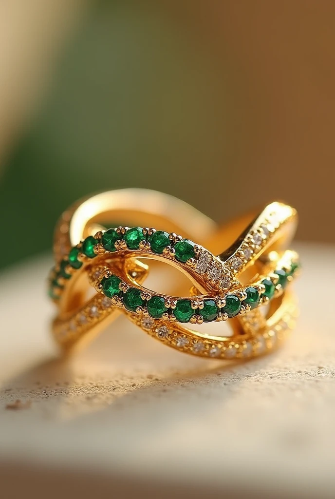 Double braid ring in yellow gold with 2 mm emeralds