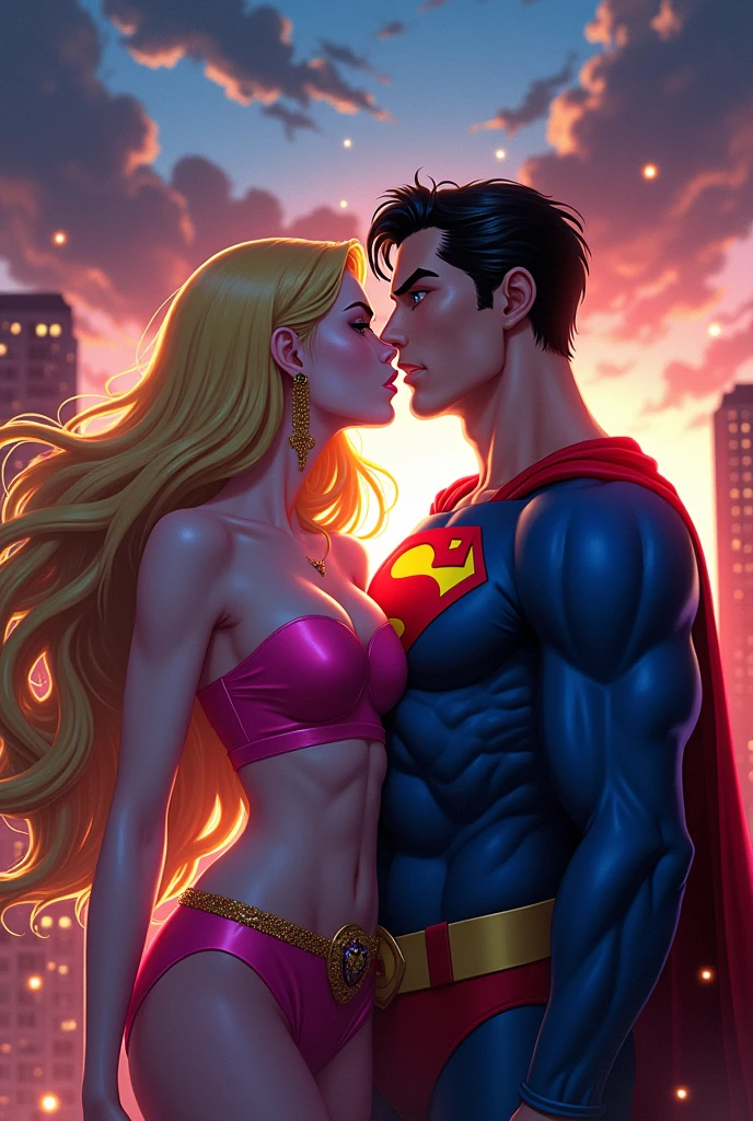 Anime style Evil supervillainess with blonde hair and sapphire eyes, wearing a pink tube top with a black heart on it. She is kissing Superman and taking over his mind.