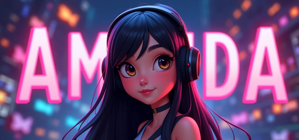 background 1200 x 480 written amanda for twitch with a girl(animation/drawning) dark hair with black headset and dark brown eyes and rosy cheeks