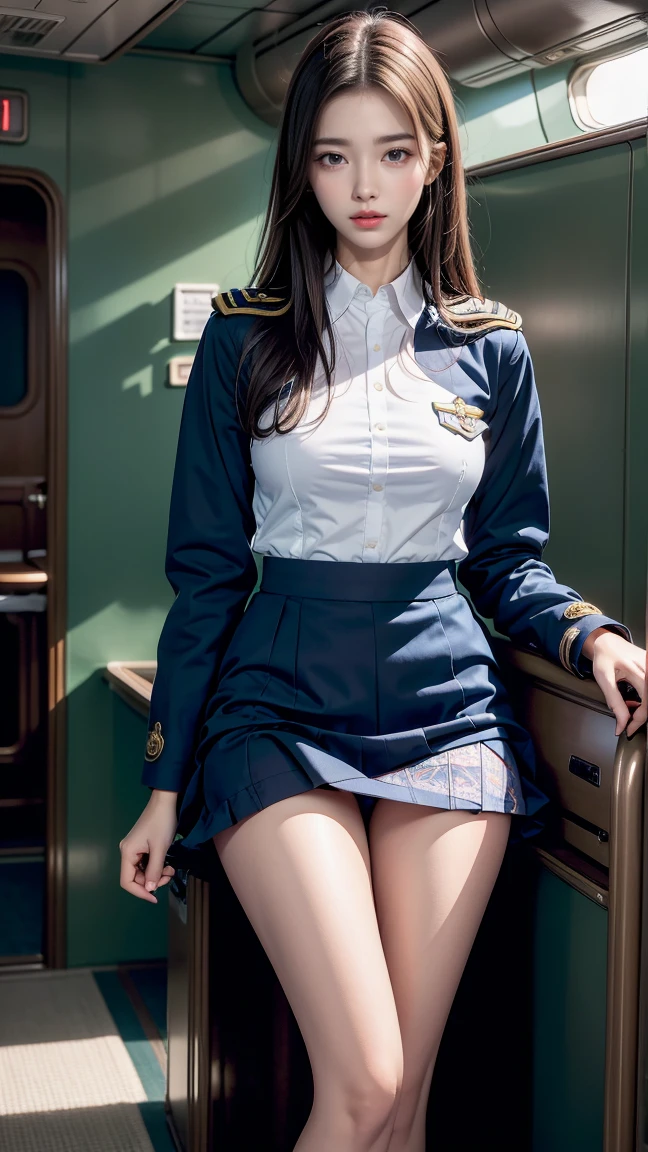 Highest quality, masterpiece, 8k, Ultra-high resolution, (Realistic: 1.4), 1 person, Beautiful Face, Symmetrical eyes, big, Perfect Body Proportions, Stewardess Uniform, Viewer Perspective, (Inside the plane: 1.2), Front view, Shoulder jumps, Absolute area (1.3),