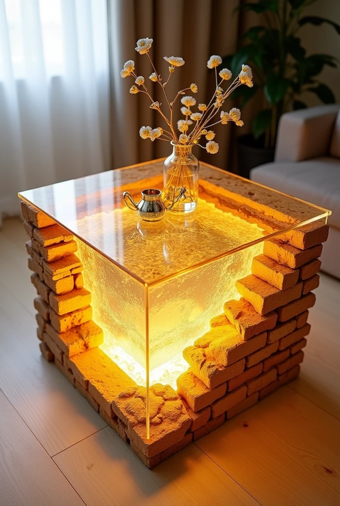 Small and simple, this handcrafted square small table features a clear acrylic glass top that creates a simple visual effect similar to a deep well thanks to the warm golden LED lighting.. The sides are made of high-quality MDF wood covered with 3D wallpaper that reflects the look of natural brick.. The table is decorated with simple decorations such as artificial flowers and golden ornaments made of light materials.. The table is placed on a light wooden floor, adding a touch of simplicity and modernity.. The design combines elegance and economy, making it suitable for any home.