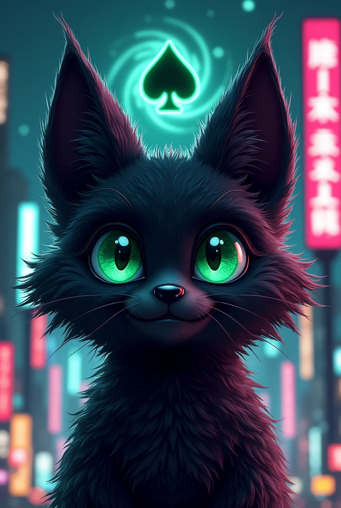 Black furry fox face、Look forward。Infinite background, space, And darkness。Contains a spade motif。purple base with green accents、In the glittering metropolis of Tokyo at night