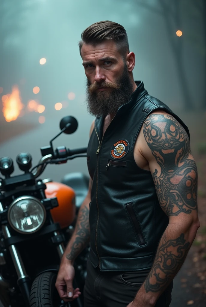 A white man, straight short hair, with a short beard, wearing a leather vest, with a Maori style tattoo on his arm and a BigTrail motorbike by his side. in the background a dense fog with an atmosphere of fire sparks. The name of the Motorcycle Club on the man&#39;s card is "Hyperactive&#39;s"