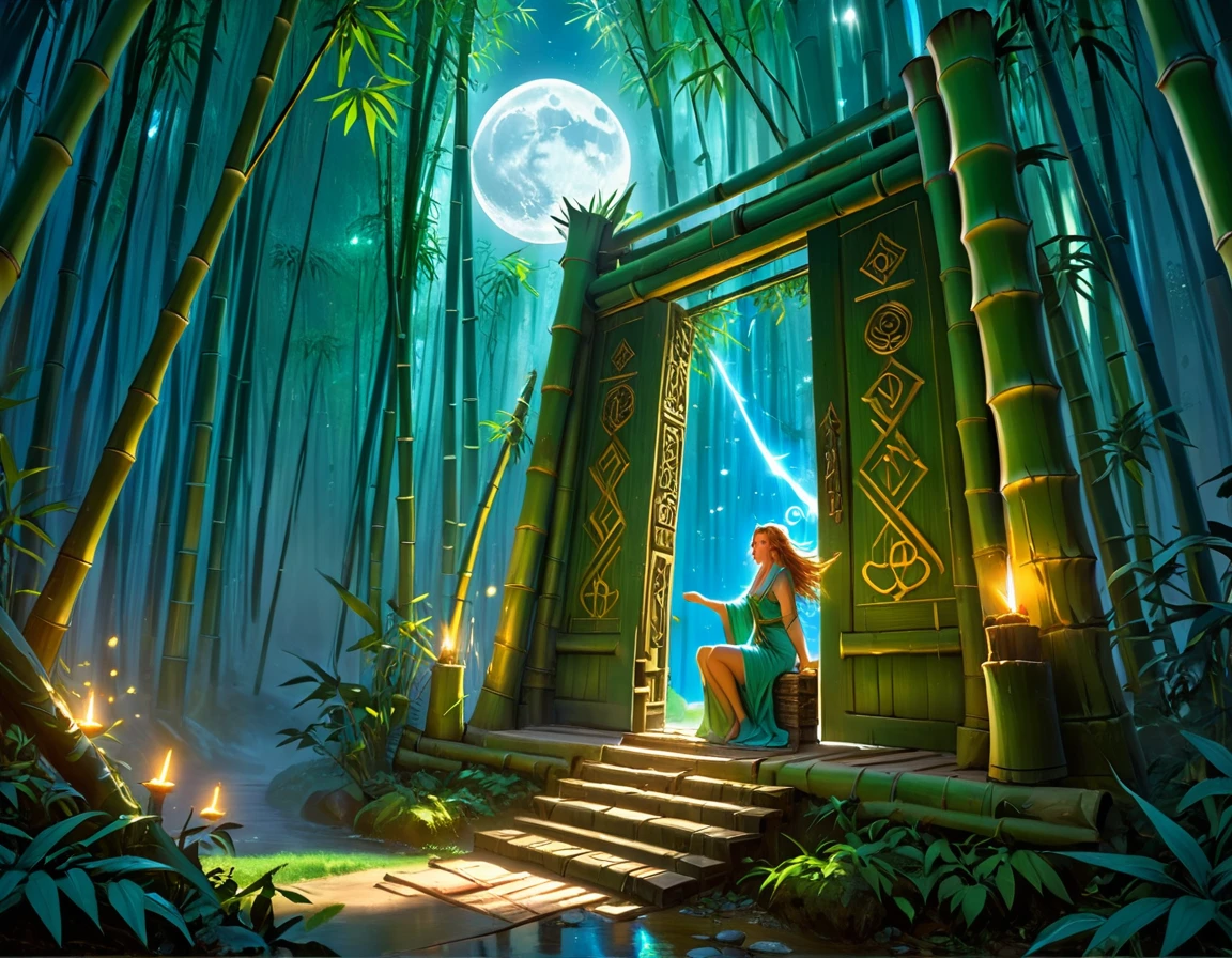  picture of a human sorceress sittings in (bamboo forest: 1.3), opening a large magical doorway, with magical runes on it, looking into the (heavens: 1.3), fantasy art, RPG art, an epic beautiful human woman (best details, Masterpiece, best quality), ultra detailed face (best details, Masterpiece, best quality), dynamic hair color, dynamic hair style, dynamic eyes color, dynamic dress (best details, Masterpiece, best quality), bamboo, the magical doorway opens into the heavens and you can see angels flying, glowing arcane sigils GlowingRunes_paleblue, fantasy bamboo forest at night, moon light, moon rays, stars, Ultra-high resolution, High Contrast, (masterpiece:1.5), highest quality, Best aesthetics), 16K fantasy art, best details, best quality, highres, (ultra wide angle: 1.2), 16k, [ultra detailed], masterpiece, best quality, (extremely detailed), Cinematic Hollywood Film
