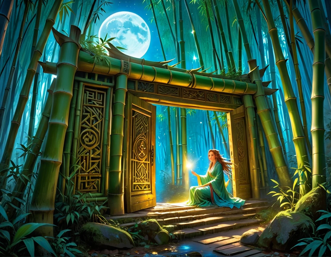  picture of a human sorceress sittings in (bamboo forest: 1.3), opening a large magical doorway, with magical runes on it, looking into the (heavens: 1.3), fantasy art, RPG art, an epic beautiful human woman (best details, Masterpiece, best quality), ultra detailed face (best details, Masterpiece, best quality), dynamic hair color, dynamic hair style, dynamic eyes color, dynamic dress (best details, Masterpiece, best quality), bamboo, the magical doorway opens into the heavens and you can see angels flying, glowing arcane sigils GlowingRunes_paleblue, fantasy bamboo forest at night, moon light, moon rays, stars, Ultra-high resolution, High Contrast, (masterpiece:1.5), highest quality, Best aesthetics), 16K fantasy art, best details, best quality, highres, (ultra wide angle: 1.2), 16k, [ultra detailed], masterpiece, best quality, (extremely detailed), Cinematic Hollywood Film

