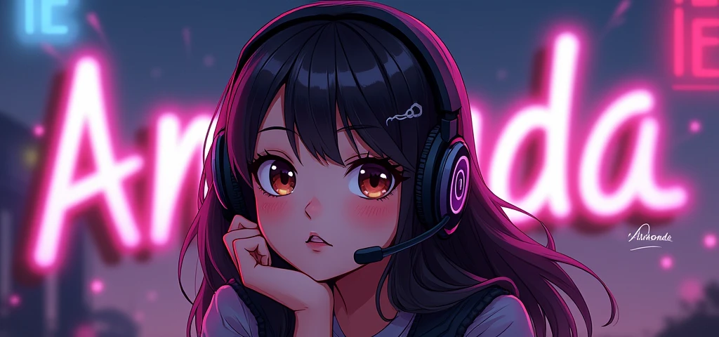 background 1200 x 480 written amanda for twitch with a girl(animation/drawning) dark hair with black headset and dark brown eyes and rosy cheeks without bangs