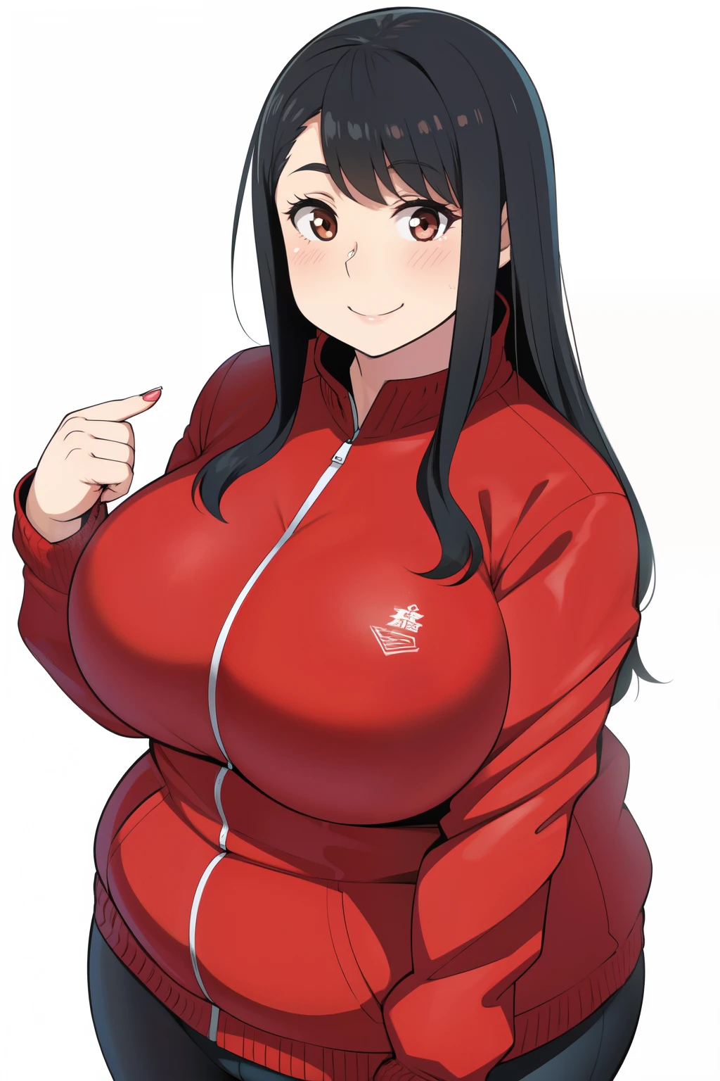 Plump year 21 big breasts black hair brown eyes happy longer hair smile blushing red jacket