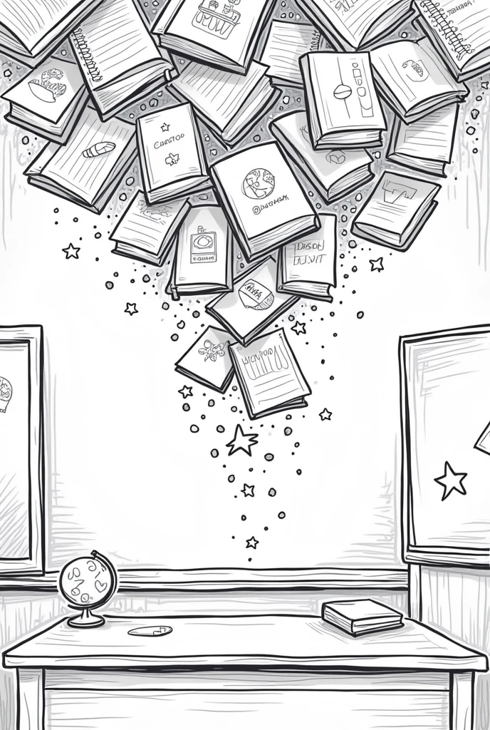Black and white coloring picture for children Back to school theme Books and notebooks falling from the top