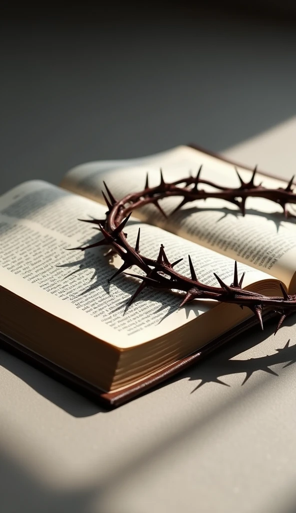 "Create an evocative image with an open Bible in the foreground on a simple, neutral surface. Next to the Bible, put on a crown of thorns, with visible details and drops of blood gently dripping from its thorns. Highlight the texture of the two objects and the drops of blood, creating a dramatic contrast. The atmosphere of the image should convey a feeling of deep reflection and sacrifice.."