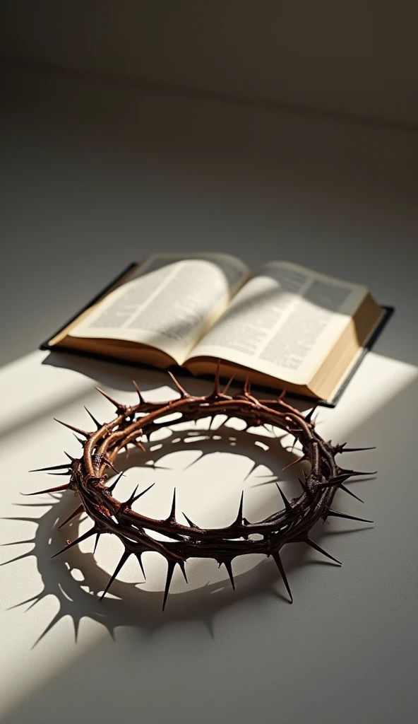 "Create an evocative image with an open Bible in the foreground on a simple, neutral surface. Next to the Bible, put on a crown of thorns, with visible details and drops of blood gently dripping from its thorns. Highlight the texture of the two objects and the drops of blood, creating a dramatic contrast. The atmosphere of the image should convey a feeling of deep reflection and sacrifice.."