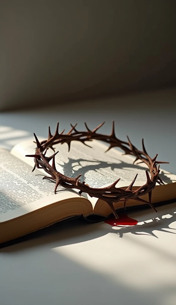 "Create an evocative image with an open Bible in the foreground on a simple, neutral surface. Next to the Bible, put on a crown of thorns, with visible details and drops of blood gently dripping from its thorns. Highlight the texture of the two objects and the drops of blood, creating a dramatic contrast. The atmosphere of the image should convey a feeling of deep reflection and sacrifice.."