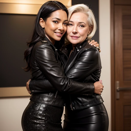 best picture,Most realistic,4K clarity,(Two women) Lesbians,hugging, sexy,Age 70,Long pencil skirt, Leather,Jacket

 