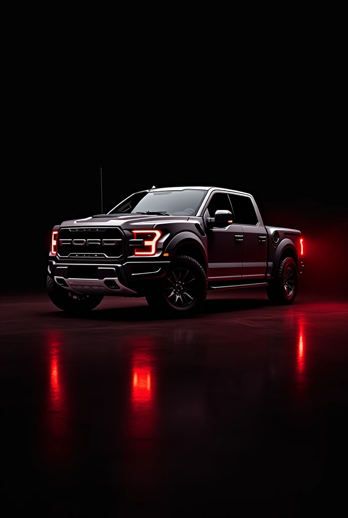 A black wallpaper showing a black Ford Raptor pickup truck with red lights