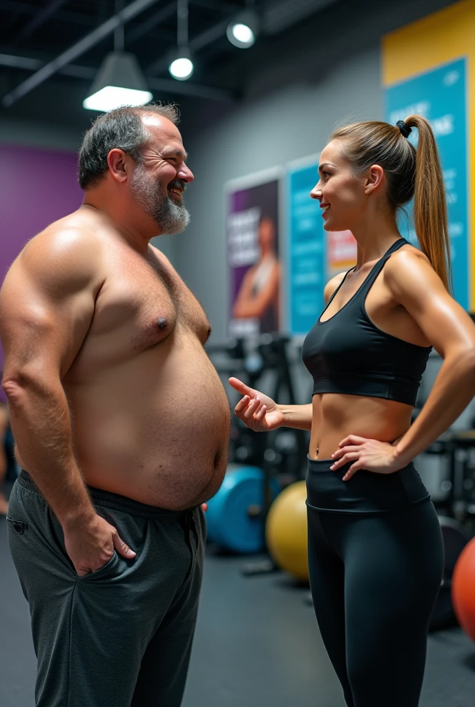 (Create a 1200 x 630-pixel image of a fatty man who learned how he loses his belly fat from fitness expert girl in the gym
