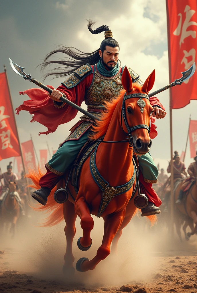 Guan Yu，Hairdressing，Use the Blue Dragon Crescent Blade，Riding a red rabbit horse