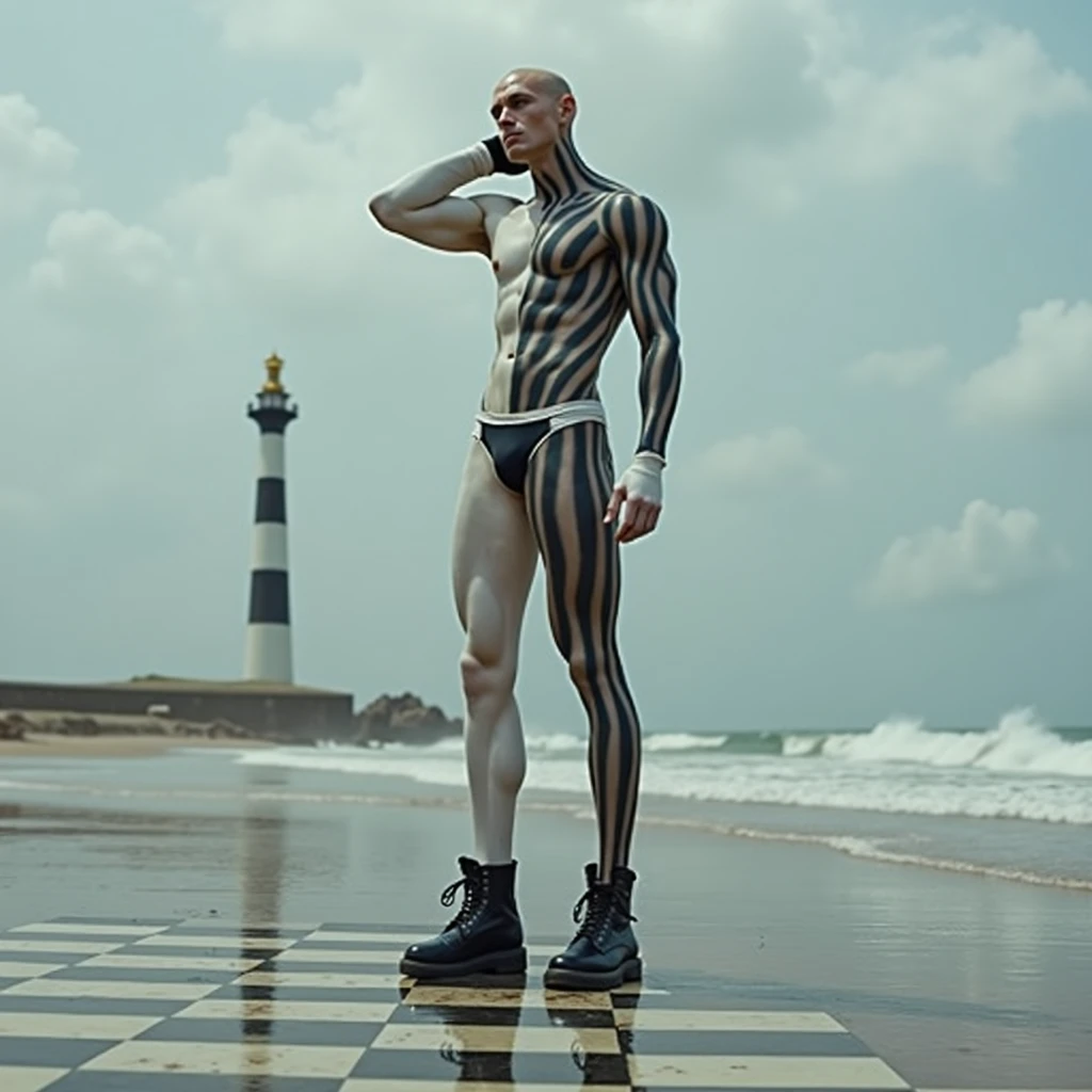 Surreal full body photograph of a man, male, focus on a man, very muscular and very tall (he is 6 feet and 5 inches tall), he has one hand on the back of his head and his head is shaved, where he has body paint with paints like a chess game all over his body that covers all his skin, she has a half white hat and the other half black, she wears white rubber gloves, black men's shoes on stilts, the bikini has a chess game design, there is a sea where the water is turbulent and in the background there is a large lighthouse to navigation, sand is replaced by black and white tiles, good quality, masterpiece., 8k, best quality, UHD, masterpiece, accurate, textured skin, anatomically correct, super detail, high details, award winning, high quality, best quality, highres, 8k