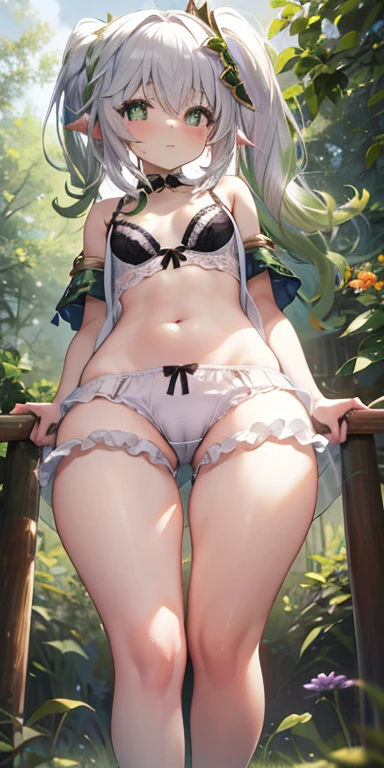 Thick thighs,Nahida,, , ,, Flat Chest, whole body, Frame from head to toe, Hata, Thick thighs, Bloomers, bend over, Buttを見せる( Butt), Outdoor, cute girl, cute , Avoid One Piece,Striped panties,Torn Bra、Stick out、whole body