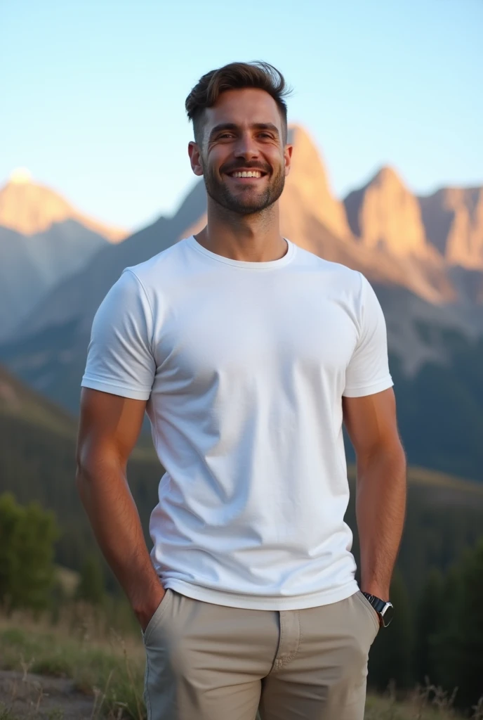 A high-resolution, {{full-body from head to toe}}, back-facing image of a 1.85m tall man wearing a plain white t-shirt and neutral pants. The man is standing in straight posture and a smiling expression. The scene is set against a [mountain range] background with [crisp morning light]. The t-shirt is smooth, with minimal folds, ideal for overlaying designs. The image captures the entire body from head to toe, with realistic lighting and detailed textures.