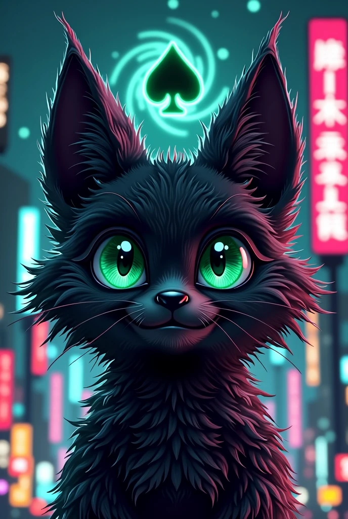 Black furry fox face、Look forward。Infinite background, space, And darkness。Contains a spade motif。purple base with green accents、In the glittering metropolis of Tokyo at night