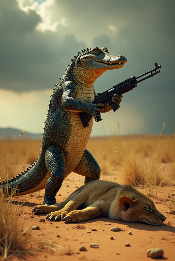 Create an image of a crocodile holding a rifle with a dead headless lion on the ground with numbers 14.18.12 ago 