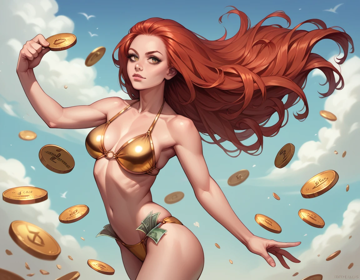 (1 girl, solo, (floating in the sky, sexy posing)), (girl is wearing a golden bikini, (redhead long hair):1.1, (olive eyes, face) ), (background bills and coins, money falling), (realistic)