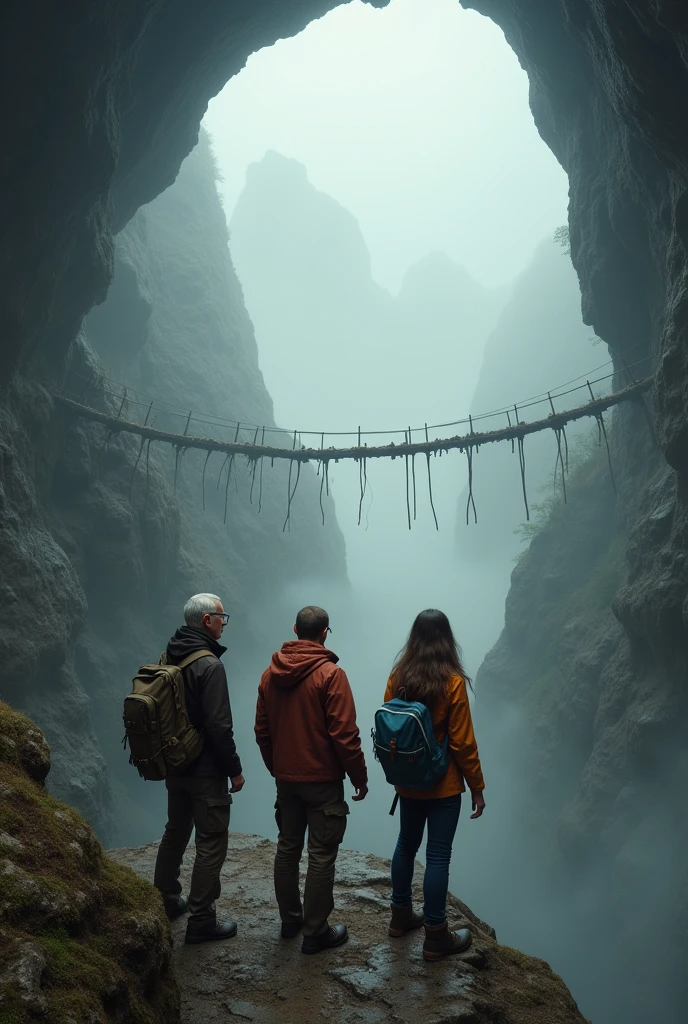 A group of 3 scientists, an old man, a young man and a woman with loose hair, .all with their backs to the edge of a mountain cave about to cross an old and unstable wooden bridge that they have to cross and the environment is foggy