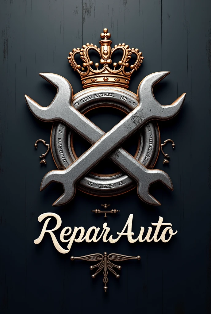A logo of an automotive workshop with a nut and two wrenches in the center with a crown above and the name ReparAuto
