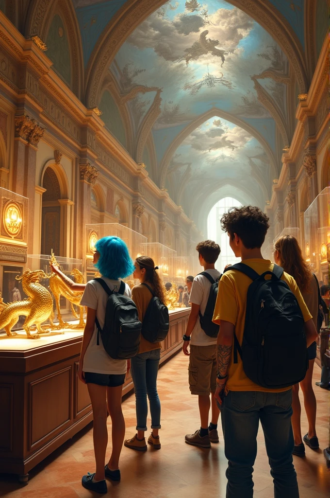 Some young people in the museum of myths 

