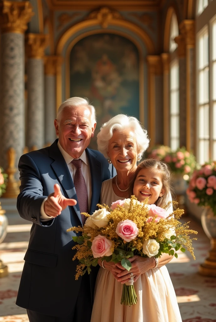 Innocent happy smiling rich old american man and women with a beautiful girl giving me lot of gold and pink flowers and their wealth and royal place to me from their both hands they are giving me happily all smiling looking at camera and really happy 