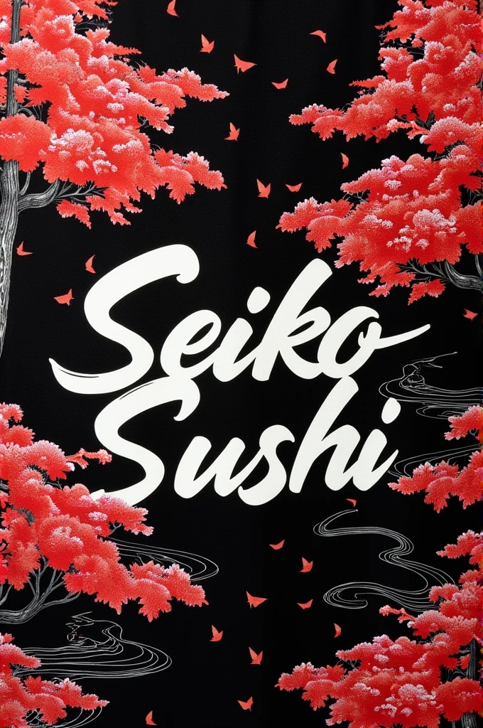 Sublimated flannel, Color (black with red), Japanese landscape and white letters that say Seiko Sushi