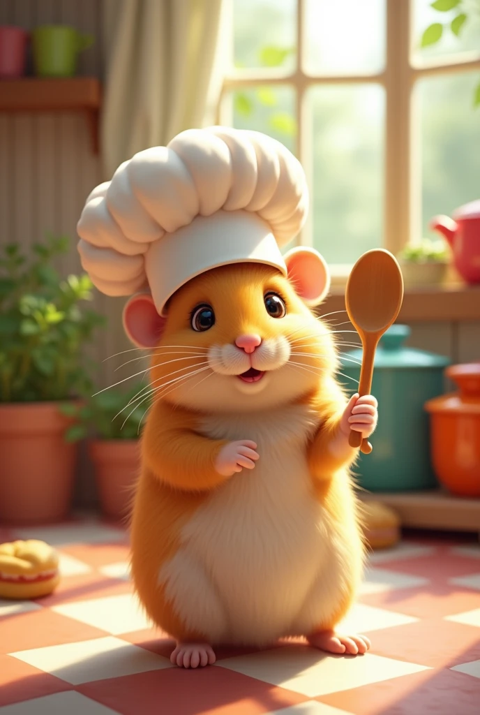Create a picture of a hamster wearing a chef's hat with a wooden spoon