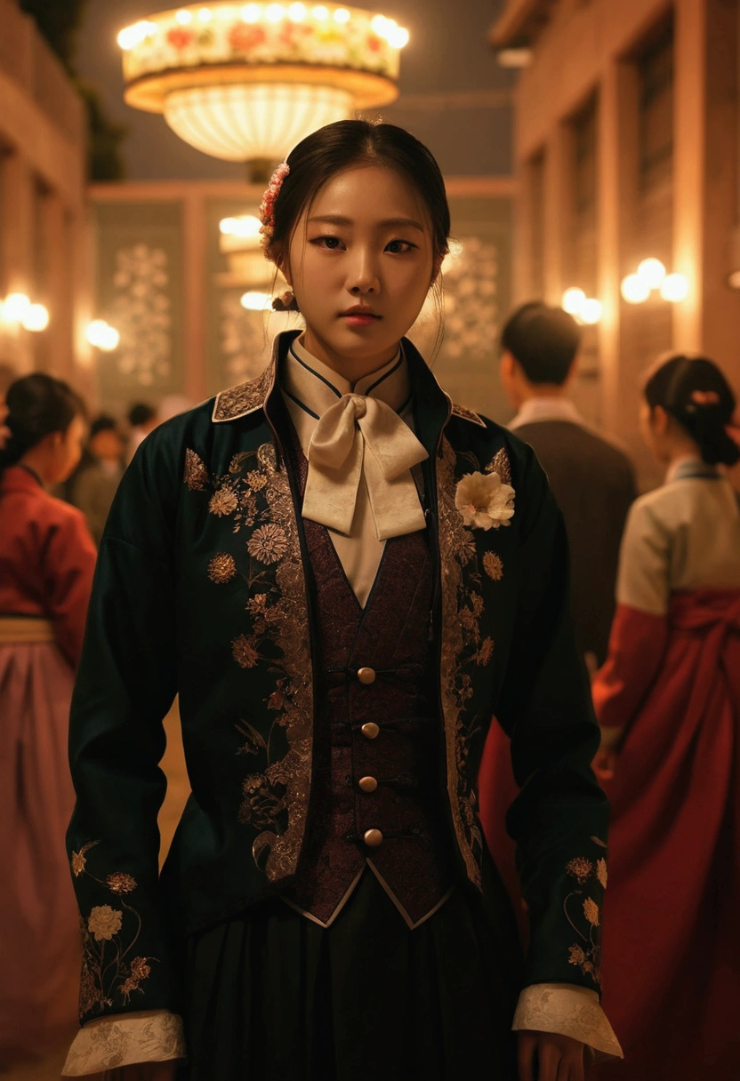best quality, high_resolution, distinct_image, detailed background ,girl, hanbok,flower,garden,moon, night,dutch angle, wide shot, crown, 