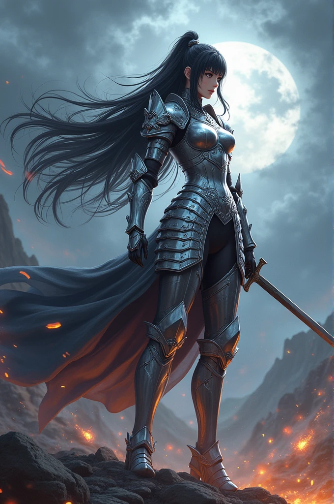 Kaome Higurashi a brave and beautiful warrior who wears a silver armor, black hair, blue half and turgid body