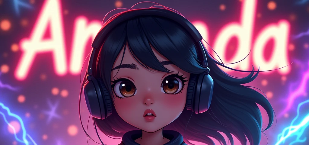 background 1200 x 480 written amanda for twitch with a girl(animation/drawning) dark haired with black headset and dark brown eyes 