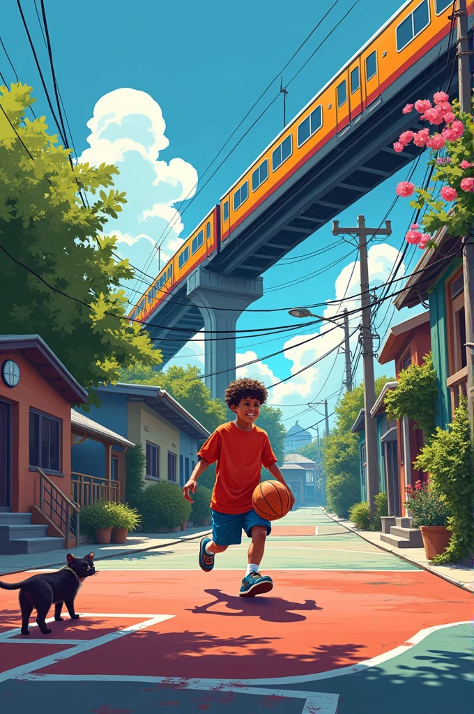 Create a book cover template that depicts basketball, where there is a basketball court on a street in a neighborhood and in the background we also have a train passing by as a symbolic element